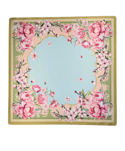 Floral design with pink flowers and green leaves on a light blue background