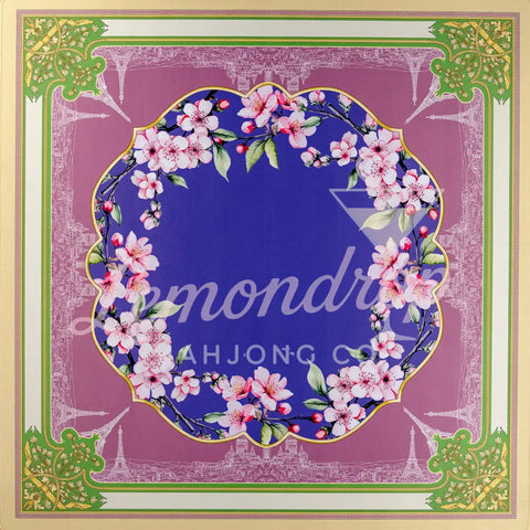 Floral decorative border art print featuring cherry blossoms on a vibrant blue background.