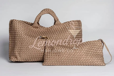 Large and small woven bags in light tan, made of durable material, perfect for stylish storage.