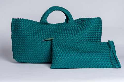 Large teal woven tote bag with matching pouch, made of synthetic material, perfect for beach or shopping.