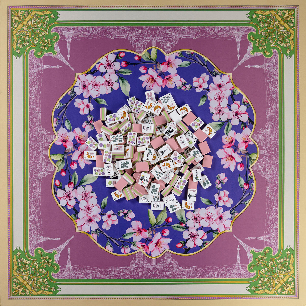Mosaic of small square tiles with floral design on a purple background