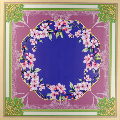 Floral decorative border art print featuring cherry blossoms on a vibrant blue background.