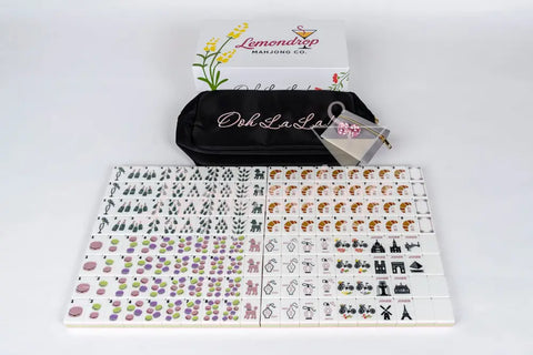 Lemondrop Mahjong set with colorful tiles, black carry bag, and gray pouch, ideal for game enthusiasts.