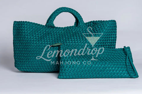 Large teal woven tote bag with matching pouch, made of synthetic material, perfect for beach or shopping.
